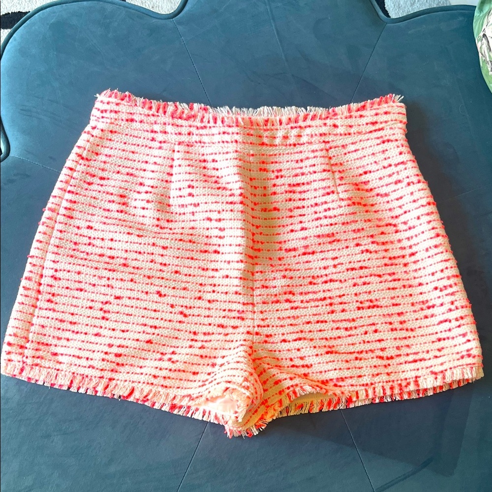 cinq a sept Coral and Cream High Waist Tweed Shorts